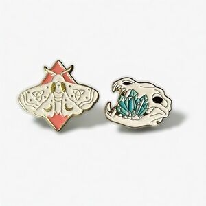 Moth & Crystal Skull Enamel Pin Set – Gothic Witchy Aesthetic